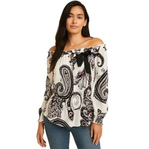 White House Black Market Silk Off Shoulder Blouse Women XS White Long Sleeve